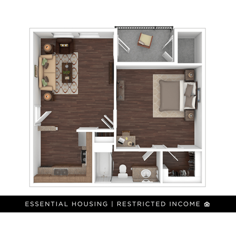 Floor plan for 1 bed, 1 bath, 597 sqft